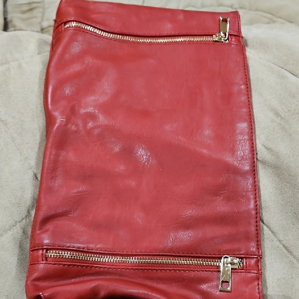 Red Leather Clutch with Gold Zippers